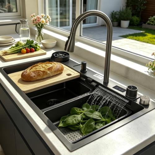 KOOGIMDDR 75 x 45 cm Stainless Steel Kitchen Sink With Waterfall Nano Coating and 3-in-1 Pull-Out Tap, Multifunctional Single Bowl, Cutting Board and Cup