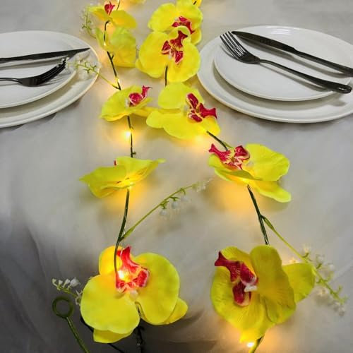 Künstliche Orchideengirlande mit 20 LEDs Lichterkette Batteriebetrieben 2 m Schmetterlingsorchideenranke Künstliche Blumengirlande Lichterkette für Schlafzimmer,Tischdekoration (Gelb Orchidee)