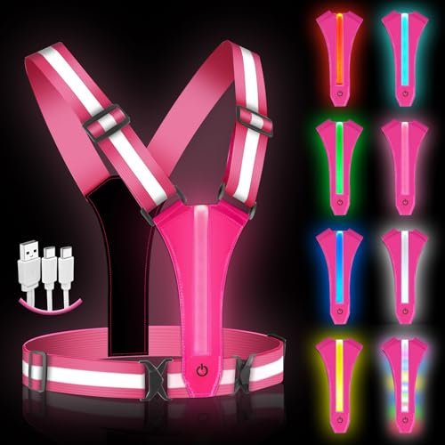 Ainiv Gilet de Sécurité Unisexe, Gilet Réfléchissant Running, Gilet Reflechissant Vélo LED Rechargeable USB-C, Harnais de Reflechissant Réglable pour Jogging, Randonnée, Promener Le Chien (Rose)