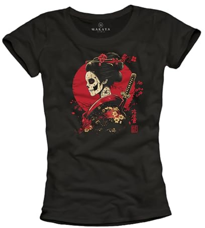 MAKAYA Japanische Geisha T-Shirt für Damen Japan Anime Samurai Frauen Motiv Skull Totenkopf