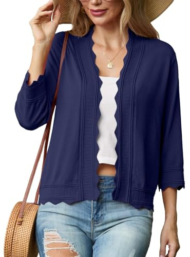 GRECERELLE Womens Summer Cardigan Knit Jumpers Shrugs Ladies Lightweight Soft Casual Scalloped Edges Cardigans for Dress Summer Evening Wedding (Navy Blue, L)