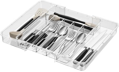 Lifewit Cutlery Drawer Organiser,31.5-51.3x37.7cm Expandable Cutlery Tray,8 Compartment,Utensil Holder for Kitchen Storage, Clear