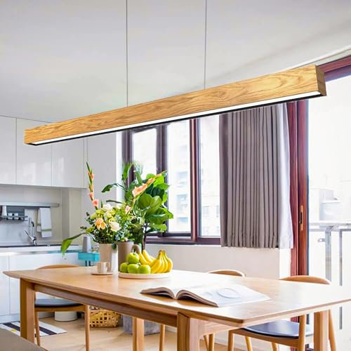 Msiocio LED Pendelleuchte esstisch holz Dimmbar LED Hängeleuchte mit Fernbedienung Höhenverstellbar Moderne Linear design wohnzimmerlampe hängend für Esszimmer Küche Büro Lampe (150cm/59in)