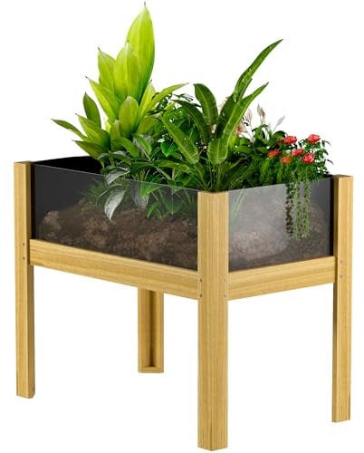Outsunny Jardinière sur pieds, carré potager de jardin sur pieds avec panneaux en acrylique et trous de drainage, potager surélevé en bois pour fleurs, herbes, légumes, 75 x 46 x 60,5 cm, bois naturel