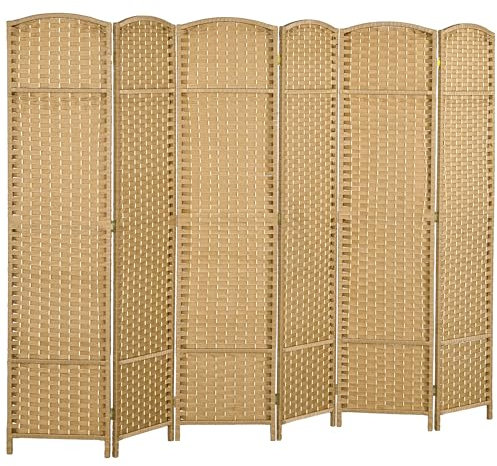 HOMCOM Paravent Interieur en Bois 6 Panneaux 240 x 170 cm séparateur de pièce Pliable avec Finition tissée, closion de séparation pour Salon, Chambre à Coucher, Maison, Bois Naturel