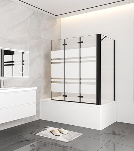 Aica Sanitär Badewannenaufsatz Eck Duschwand Badewanne 3-tlg.Faltwand mit Seitewand 6mm Nano Glas,H140cm,140x75cm,Schwarz Rahmens,Streifenglas