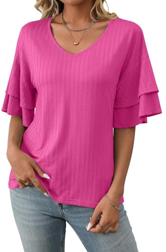 ASKSA Femme T-Shirt Col V Chemisiers à Manches Courtes Hauts, Rose Rouge, L