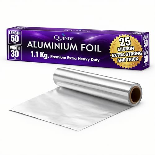 Heavy Duty Aluminium Foil 25 Micron – Extra Thick Foil Roll 50m x 30cm – Premium Catering Kitchen Foil – Strong Tin Foil for Cooking, Baking & BBQ – 1.1kg | Quinde®