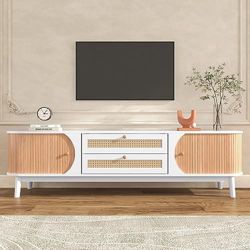 Jaxenor 170cm TV Schrank mit Türen und Schubladen, Lowboard Wohnzimmer mit Rattanseiten, Natürlicher Landhausstil Fernsehschrank, TV Board für Schlaf- und Wohnzimmerschrank, Weiß und Holzfarbe