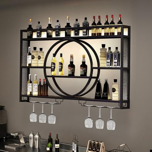 NGAMITSX 3 Tier Wall Mounted Wine Storage Display Rack with Wine Glass Holder Kitchen Wall Shelves for Liquor and Alcohol Home Bar Unit with Cocktail Cabinet 140 cm Length