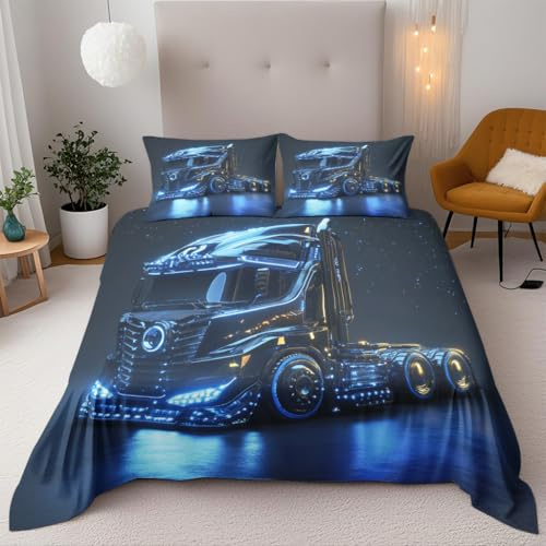 Generisch Technologie LKW Bettwäsche 135X200Cm Kinder Junge Mädchen 3D Effekt Bettbezug Jugendliche Bettwäsche-Set Mikrofaser Bettbezug Mit Reißverschluss Und 2 Kissenbezug 80X80Cm