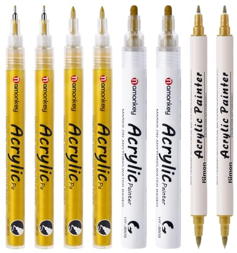8 Stück Acryl Stifte Gold,Goldstift Zum Schreiben0.5/0.7/Br/2.0 MM, Goldener Stift Für Präzises Schreiben Und Zeichnen,Goldener Stift Stark Deckendes Handlettering Set,Holz, Glas, Metall, Kunststoff