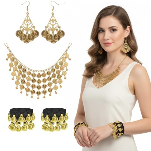 5 Stück Bauchtanz Kostüm Damen, Bauchtanz Accessoires Set mit Halskette, Ohrringen und Armreifen, Bauchtanz Outfit für Auftritte Wettbewerbe und Partys Perfekt für Bauchtänzerinnen und Tanzbegeisterte