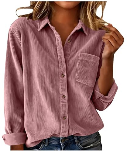 AACH Bluse Damen Baumwolle Cordbluse Einfarbig Revers Hemdbluse Casual Knopfleiste Langarmshirt Winter Frühling Cordjacke mit Taschen Blusen Vintage Elegante Blusenshirt Mode Sweatshirt