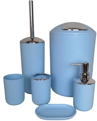 G.mütlich Badezimmer Set 6-teilig, Badaccessoires Komplettset Kunststoff, WC Garnitur mit Klobürste, Mülleimer, Zahnputzbecher, Seifenspender & Schale, Bad Zubehör Deko (Hellblau)