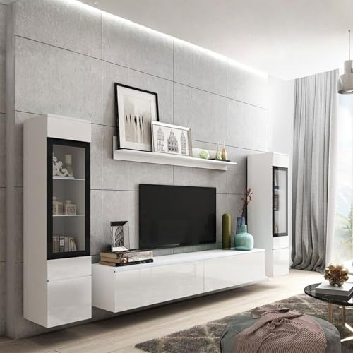 FURNIPOL VERA II Wall Unit Living Room Furniture Set, Modern Entertainment Centre with 180cm TV Stand, Two Floating Display Cabinets with LED, and Wall Shelf, Sleek Design in White/White Gloss Finish