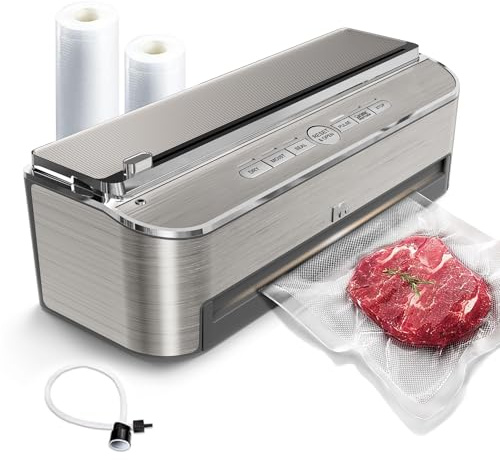 Mesliese 85kPa 120W Vakuumiergerät, Dry/Moist, 2 Rollen+5 Beutel | 85 kPa/120W Saugleistung, Trocken- & Feuchtmodi, Cutter + Rollen, 11,8 Dichtleiste, leicht reinigbar, 5 J. Garantie.