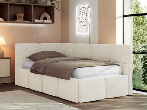Jugendbett ARVO 90x200 cm mit Lattenrost und Bettkasten, Polsterbett mit gepolstertem Kopfteil und Gasdruckfedern, Eckbett mit Stauraum - mit Schaumstoffmatratze - Creme Strukture - Linke Seite
