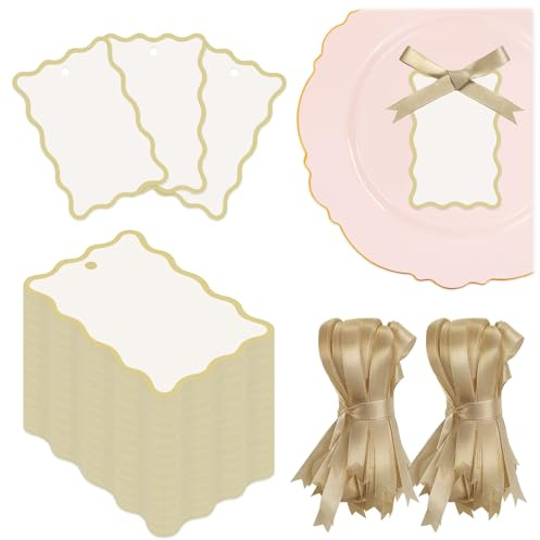 Modixun 150 Platzkarten mit Jakobsmuschel für den Tisch mit 150 Satinbändern, Blanko-Papier-Geschenkanhänger mit Schnur für Hochzeit, Geburtstag, Buffet, Essen und Party, Champagner