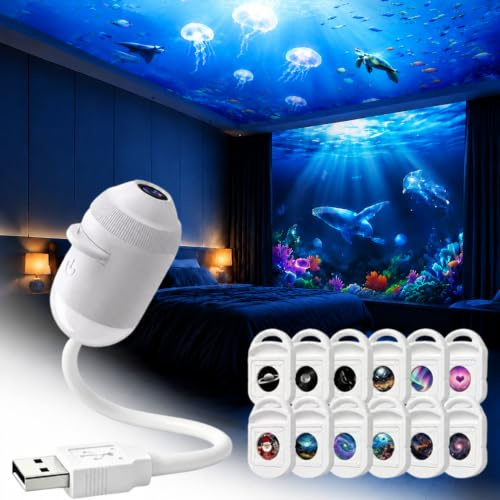 Projecteur Holographique 5D, Veilleuse Et Projector De Galaxie 2 en 1 – D'éToiles Holographique Plug and Play, RéGlable à 360° avec 3/6/12/24 Films De Projection (avec 12 Films)