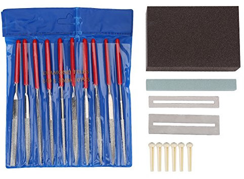 Gitarre Reparieren Werkzeug Set, 10 Stücke Gitarre Bundfeile + Brücke Sattel Nut + Schleifstein+ Schleifschwamm