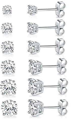 18K White Gold Plated 4 Pong Round Clear Cubic Zirconia Stud Earring Pack of 6 Pairs (6 Pairs)