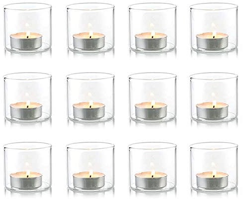 Nuptio Lot de 12 Bougeoirs Verre Clair Votif pour Bougies Chauffe-Plat Ensemble Porte-Bougies Chauffe-Plat Bougeoir Table Idéal pour Fêtes Mariage Événements Noël L'aromathérapie L'utilisation
