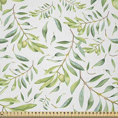 ABAKUHAUS Grünes Blatt Microfaser Stoff als Meterware, Künstlerischer Olivenbaum, Deko Basteln Polsterstoff Textilien, 2M (230x200cm), Avocadogrün Olivengrün Weiß
