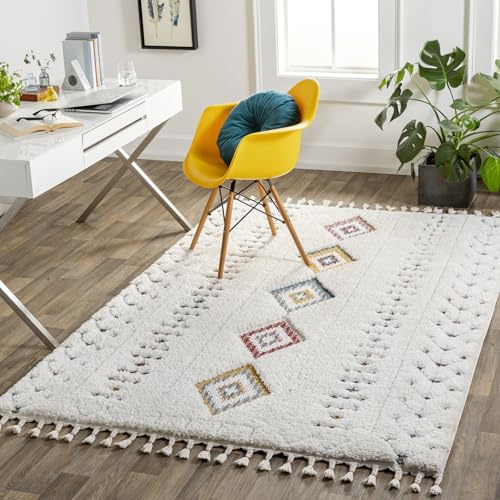 Livabliss Funafuti Geometric Rug, Scandi Area Rugs Living Room 200 x 275 cm, Dining, Kitchen, Neutral, Abstract Patterned, Boho Style, Easy Care Pile, Large, Cream, Yellow and Blue
