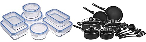 Amazon Basics - Juego de utensilios de cocina antiadherentes, 15 piezas + Recipientes de cristal para alimentos, con cierre 14 piezas (7 envases + 7 tapas), sin BPA