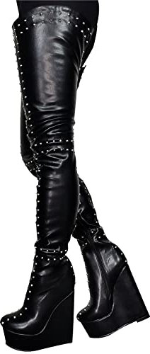 YUHAI Stivali Alti al Ginocchio con Plateau da Donna Stivali con Zeppa alla Moda con Rivetti a Testa Tonda Stivali con Lunghezza Steampunk,Black-42(UK 8)