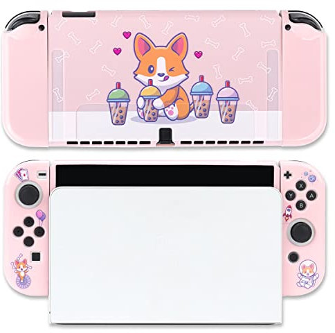 BelugaDesign Custodia per cani Boba, con simpatico cane kawaii Bubble Tea pastello Corgi, custodia a scatto compatibile con Nintendo Switch OLED (Switch OLED, rosa)