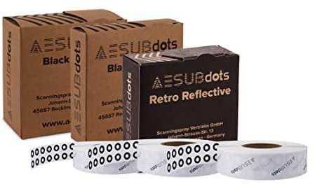 AESUBdots black&white – Weiße Referenzpunkte für 3D-Scanner mit strukturiertem Licht, selbstklebend & zweibahnig, für AESUB Scansprays geeignet, Ø 6 mm, Rolle mit Abrissperforation