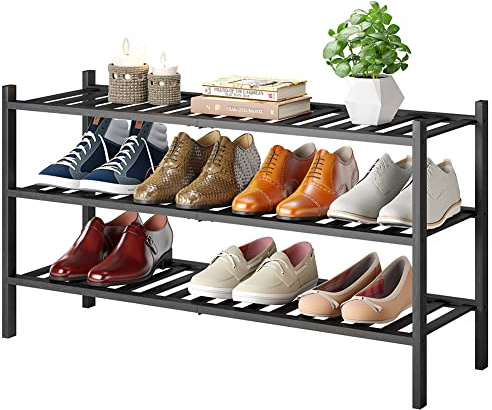 Furshus Langes Schuhregal, Bambus, stapelbar, Schuhregal, Aufbewahrung, Organizer, Schuhständer für Schrank, Eingangsbereich und Flur (schwarz, 3 Ebenen lang)