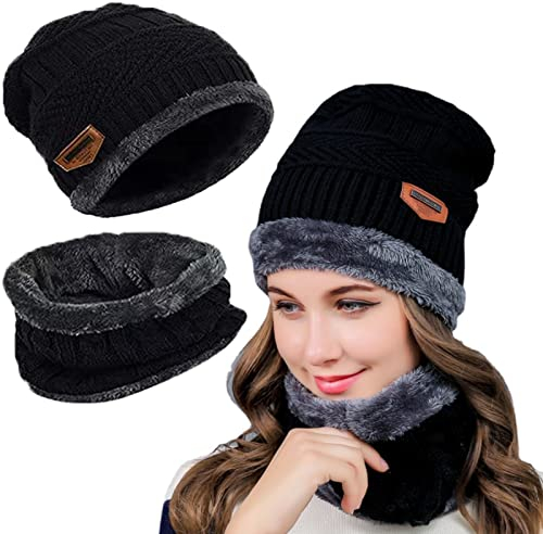 Tuofang Winter Warm Beanie Mütze und Loop Schlauchschal Set mit Fleece Gefütterte, Wintermütze und Loop Schal mit Dicke Fleecefutter, für Herren und Damen Wintermütze Halswärmer Strickset (H Schwarz)