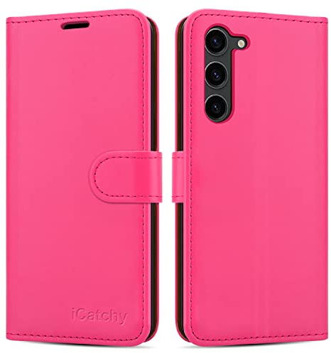 iCatchy for Samsung Galaxy S23 Plus/Galaxy S23+ Case Leather Wallet Book Flip Folio Stand View Phone Cover with Card Slots Compatible with Samsung S23 Plus 6.6-Inch (Pink)