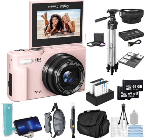eDealz 4K 48MP Digital Camera Kit for Photography, Vlogging for YouTube w/Flip Screen, WiFi, Wide Angle Lens, Filters, 2X 64GB Micro SD Cards, 50 Tripod, Case, Card Reader, Microphone, LED (Pink)