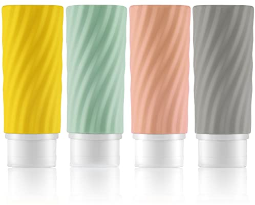 Toureal Botellas Exprimibles Recipientes Viaje Avion (89ML, 4 Piezas) Kit de Botes Silicona, Botella para Gel, Envases Champu (Gris, Verde, Rosa, Amarillo)