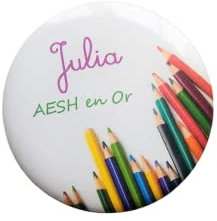 Badge broche AESH EN OR avec prénom personnalisé cadeau école fin d'année scolaire atsem maitresse