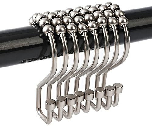 INSIMHEART Shower Curtain Hooks, 12 Pcs Shower Curtain Rings, Rustproof Roller Black Shower Curtain Hooks, S Shape Shower Hooks for Shower Curtain, Kitchen Utensils, Clothing, Towels, Matte Nickel