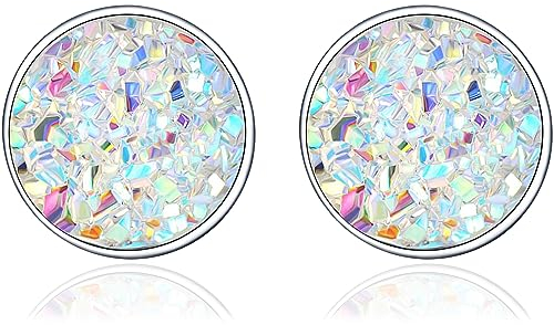 Runde Ohrringe Ohrstecker für Damen - 925 Sterling Silber Ohrringe mit weißen Zirkonia, Böhmisches Ohrring Weißer Glitzernder Runder Flacher Ohrstecker, Geschenk für Frauen Mädchen