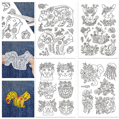 GLOBLELAND 70 Stück Wasserlösliche Handnähstabilisatoren Mit Blumenmuster, Tiere, Zum Aufkleben Und Sticken von Stickmustern, Papier Zum Übertragen von Stickmustern, 4 Blatt