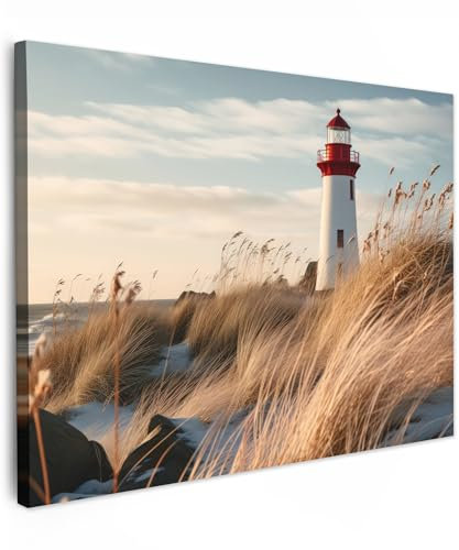 MuchoWow© Impression sur Toile Photo Peinture 70x50 cm Tableau Decoration Murale Chambre Salon Maison Deco Cuisine Phare - Herbe - Dunes - Mer - Nature - Maritime