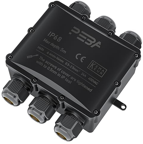 PEBA Abzweigdose IP68 Wasserdicht Kabelverbinder Aussen 6-Wege Verbindungsdose Erdkabel Schwarz Elektrischer Außenverteilerdose, Kabelverschraubung für 4-14 mm, Wasserdichte Abzweigdose Schwarz