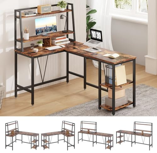 TREETALK Computer Desk, Switchable L Desk with Hutch, PC Laptop Table with Large Monitor Stand and 2-Layer Storage Shelves, Computer Workstation with 2 V-shaped Strips Bars for Home Office