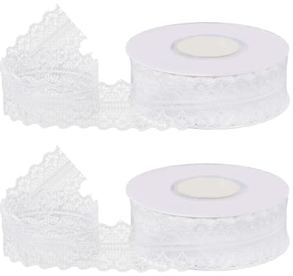 2 Rolls Spitzenband Weiß Vintage, 45 Meter Weiss Spitzenbordüre zum Nähen Dekoband Spitze Bände für Hochzeit Tischdeko Basteln Geschenkband Kraftpapier (30 mm Breit)