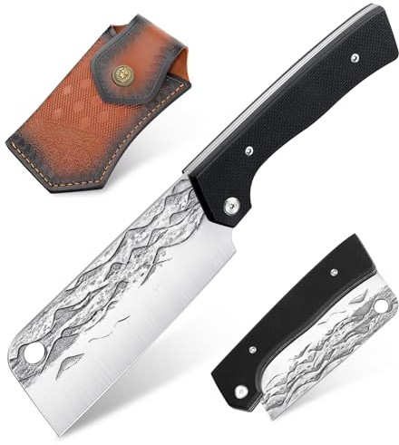 Freelander Hackmesser aus 4Cr13, Küchenmesser Outdoor mit G10 Griff, Fleischmesser Japanisch Handgeschmiedet mit Scheide, Grillmesser fur Camping, BBQ, Schwarz