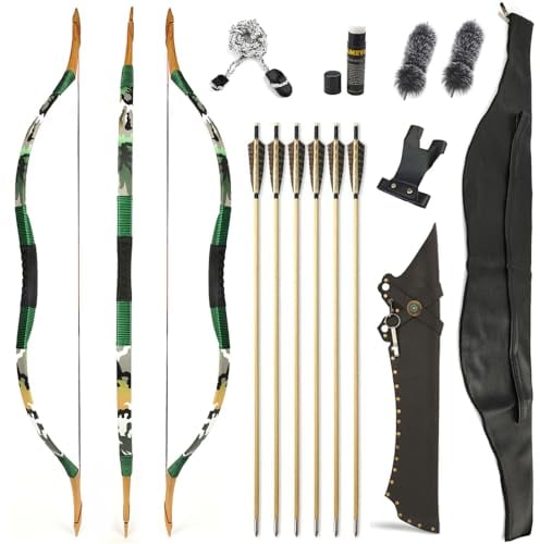 SHARROW Traditioneller Bogen Recurve Bogen und Pfeile Set Langbogen 20-50lbs Handgemacht Holzbogen Reiterbogen Sportbogen Jagdbogen für Erwachsene und Anfänger(Type 21, 50lbs)