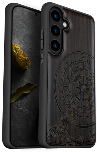 Carveit Hülle für Galaxy S24 handyhülle aus Holz Cover, Stoßstange Stoßfeste Weich TPU Case, Handyhulle Kompatibel mit Samsung S24 Hulle（Dunklesholz-Der Kompass vor Kanagawa Waves）