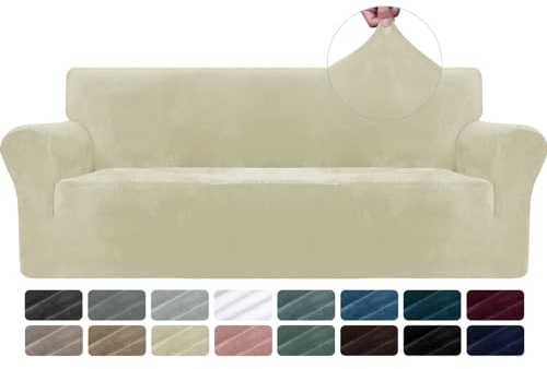CYCMACO Samt Sofa Überzug 3 Sitzer, Sofabezug Elastische, Couch Überzug Haustier Katze Hunde, Universal Sofa Cover Moderne, Sofahusse Mit Armlehnen, Sofaschoner rutschfest, Beige
